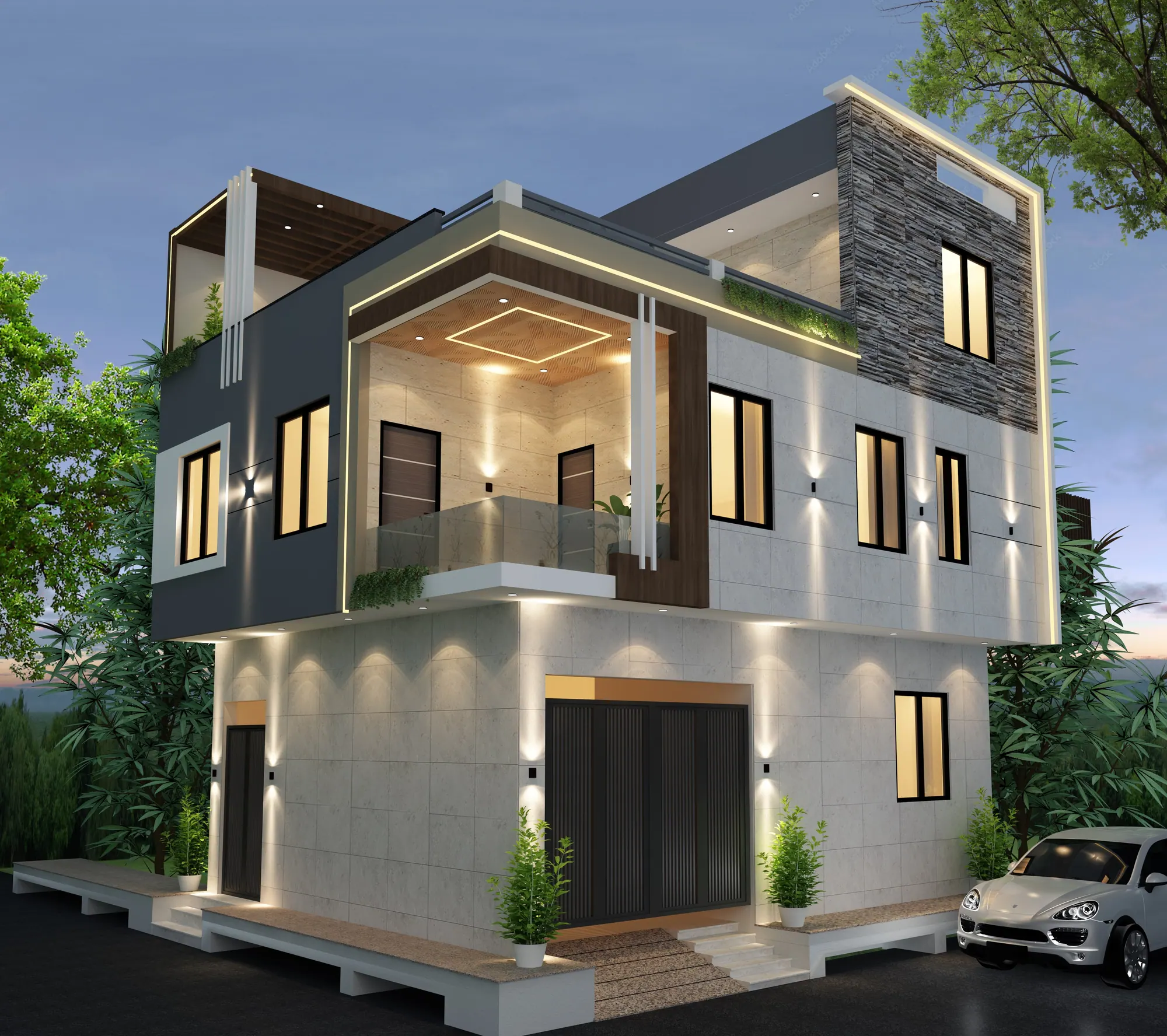 Aangan House, evening view of the street facade